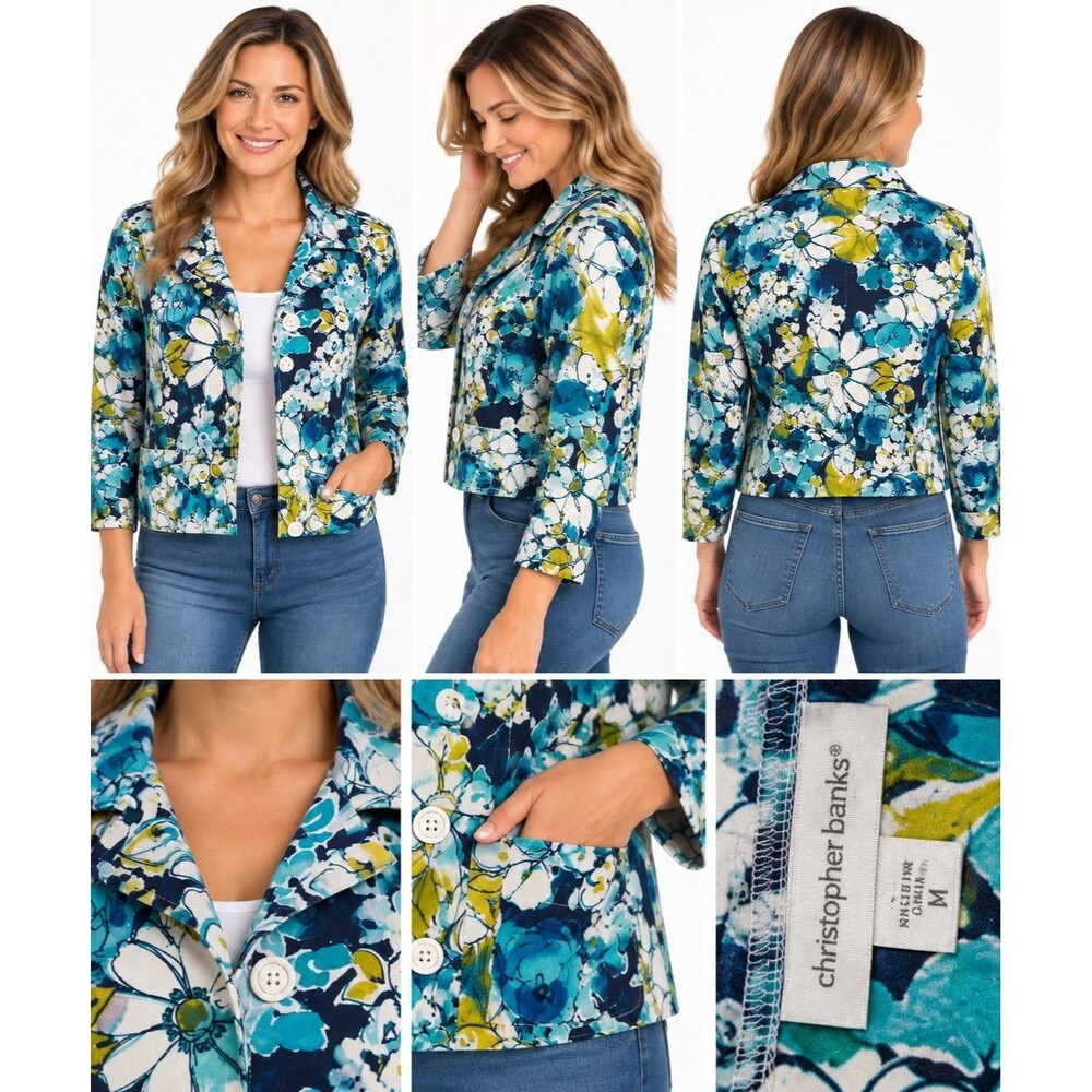 Christopher & Banks Women's Floral Jacket Size M Cotton Stretch Button Front
